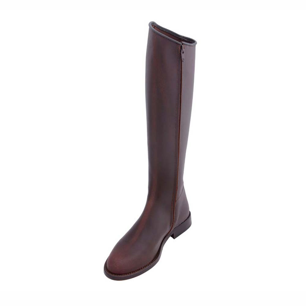 Bota feminina alta castanha de couro com fecho lateral