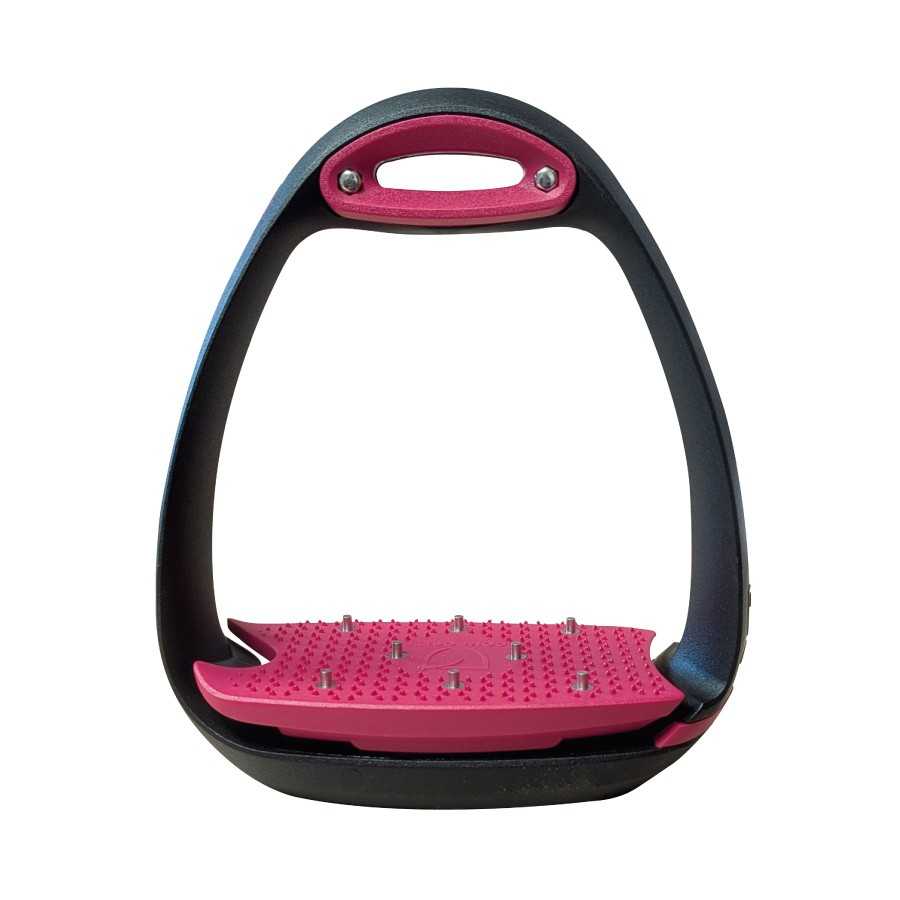 Estribo de cavalo preto e rosa com base rosa texturizada e pinos metálicos