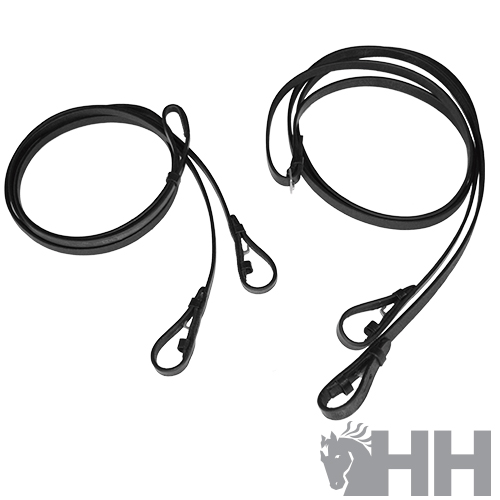 Duas rédeas pretas em material sintético com mosquetões pretos sobre fundo branco e logotipo HH