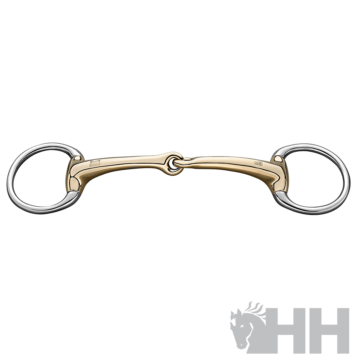 Freio de cavalo metálico com argolas prateadas e peça central dourada