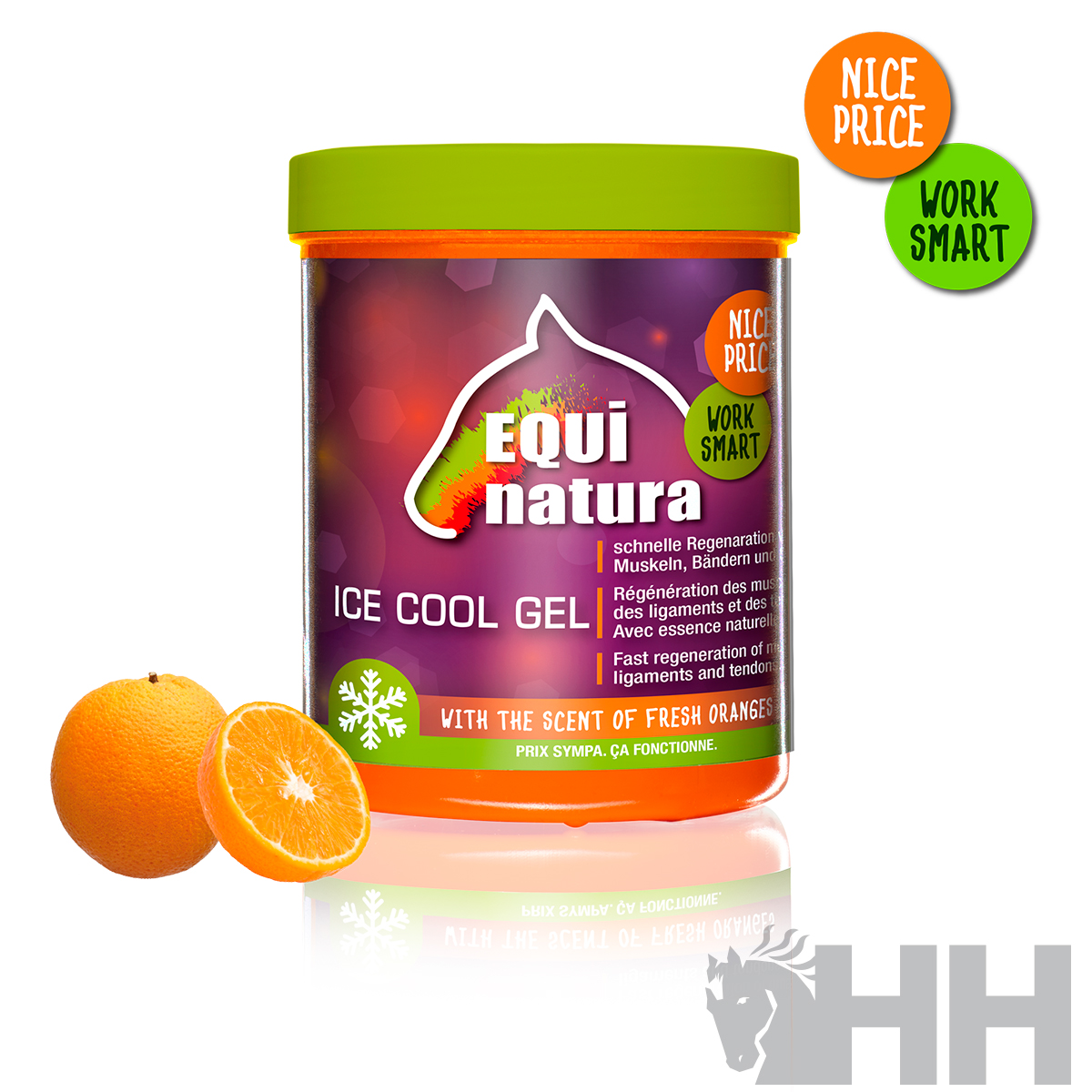 Embalagem de gel ICE COOL EQUI natura com laranja e tampa verde ao lado de laranjas frescas