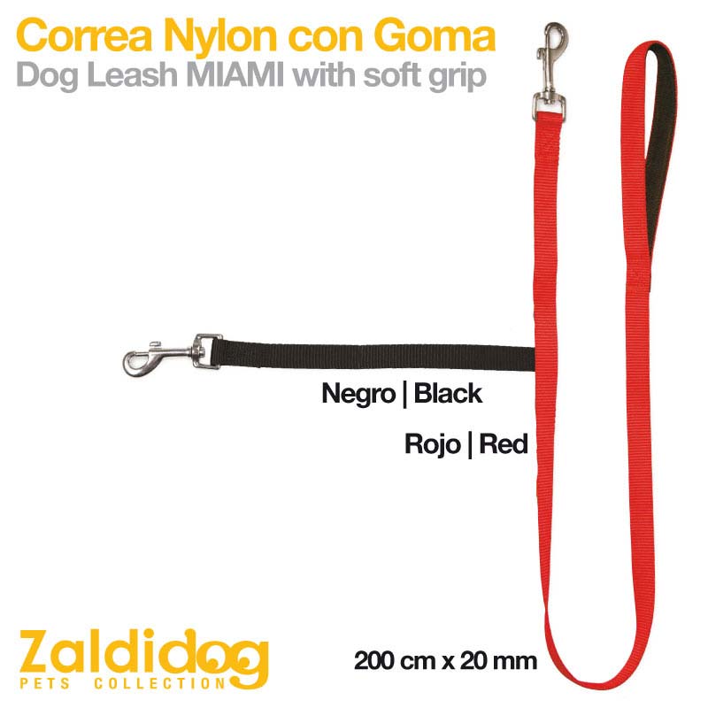 Trela para cão nylon preto e vermelho com pega suave e fecho metálico