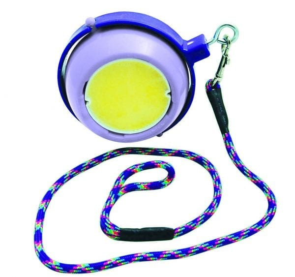 Trava retrátil redonda azul e roxa com cordão trançado colorido e gancho metálico