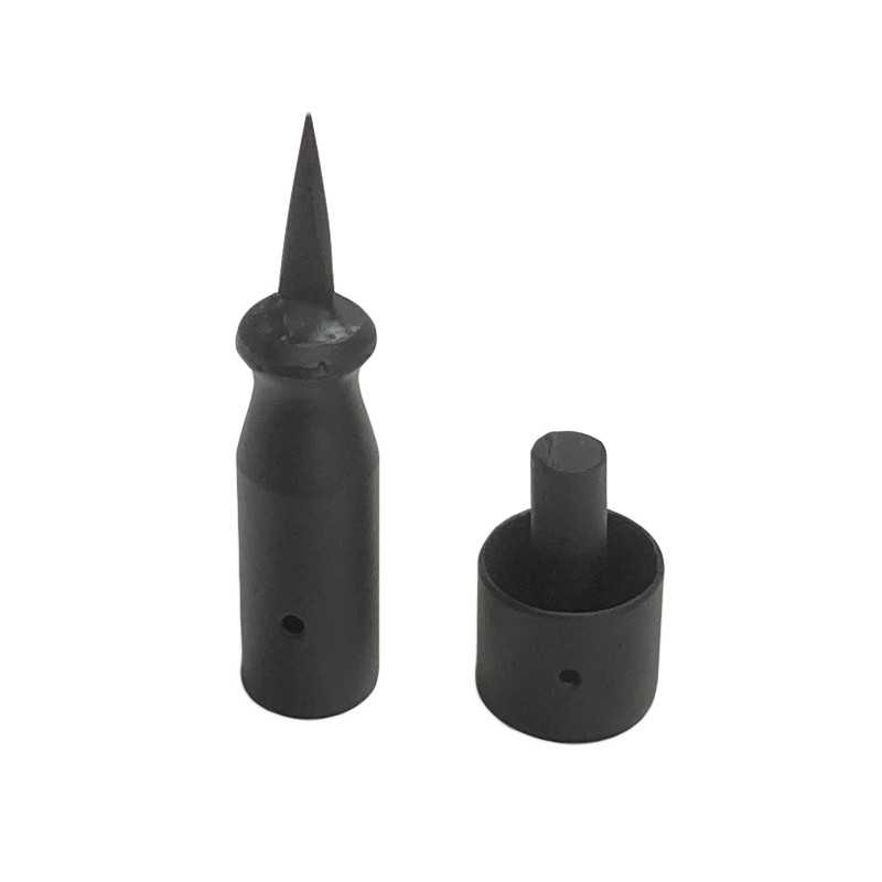 Peças metálicas pretas cónicas e cilíndricas com orifícios laterais
