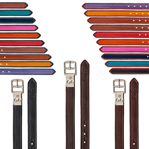 Cintos de couro coloridos com fivelas metálicas sobre fundo branco