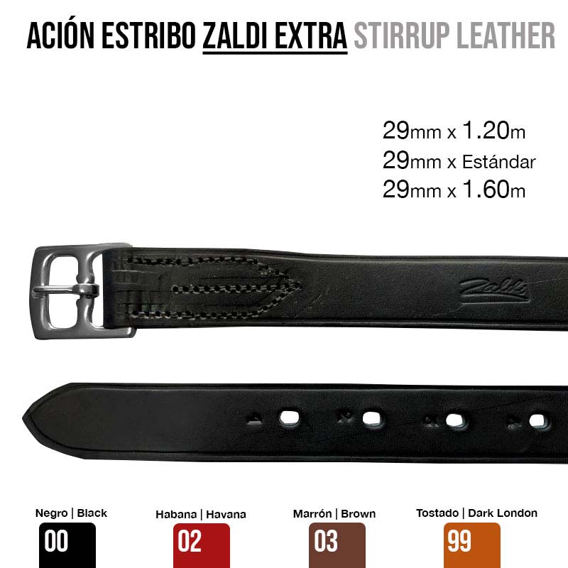 Correia de estribo em couro preta com fivela metálica, disponível em várias cores e tamanhos.