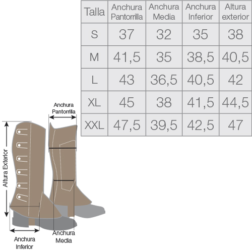 Tabela de tamanhos de botas castanhas com medidas detalhadas