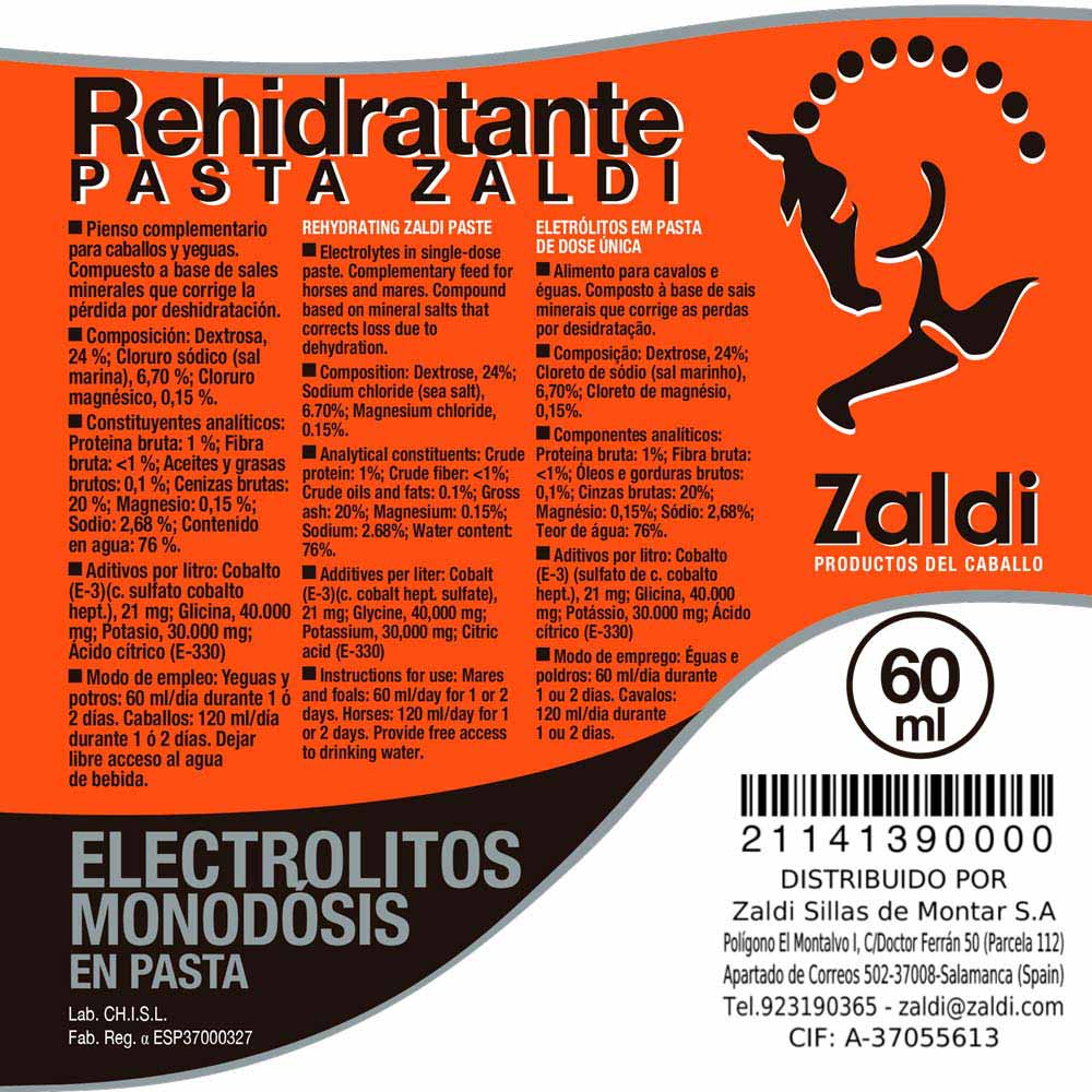 Etiqueta de produto Zaldi Rehidratante Pasta 60 ml para cavalos com texto em 3 línguas e código de barras.
