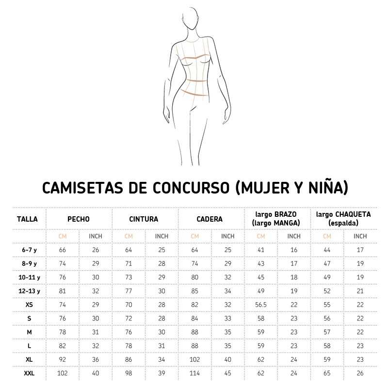 Tabela de tamanhos para camisetas de concurso com medidas em centímetros e polegadas