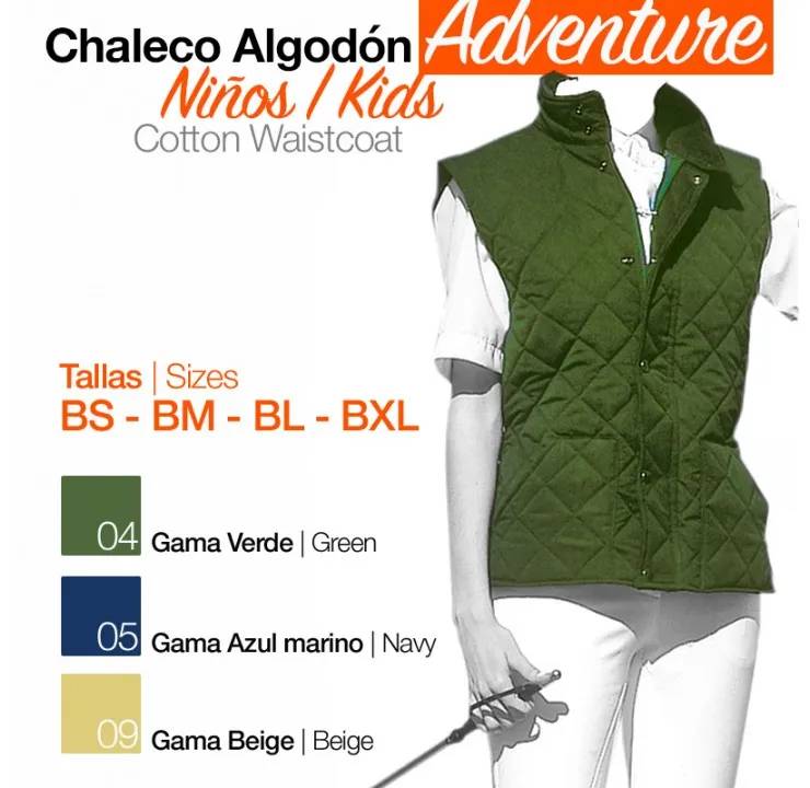 Colete de algodão matelassê verde para crianças, em fundo branco com texto de tamanhos e cores