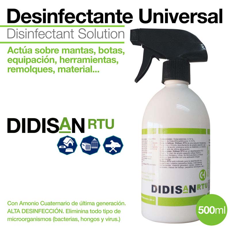Frasco branco de desinfetante universal spray DIDISAN RTU 500 ml com rótulo verde e preto