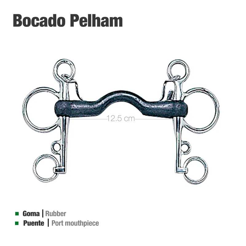 Bocado Pelham preto em borracha com partes metálicas prateadas e texto explicativo.