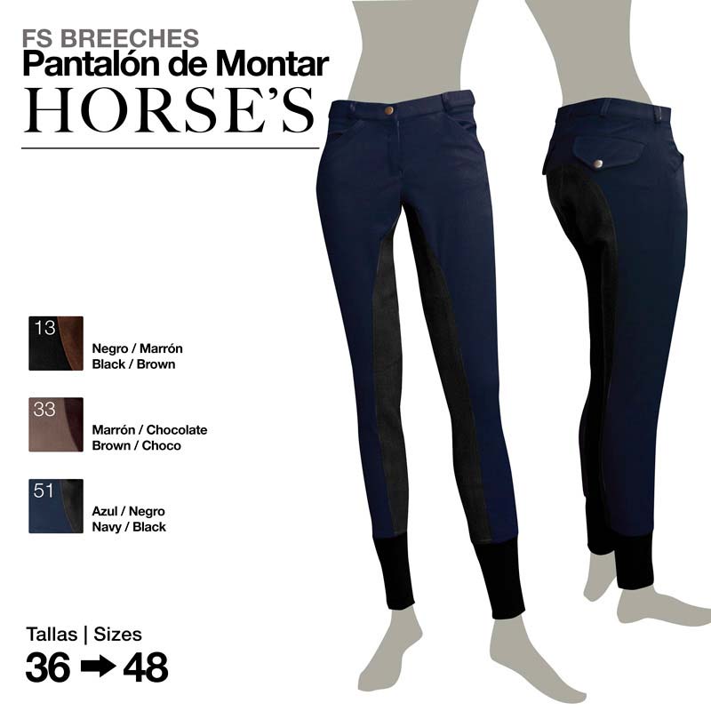 Calças de montar HORSE'S bicolores em azul, preto e marrom com tamanhos 36 a 48