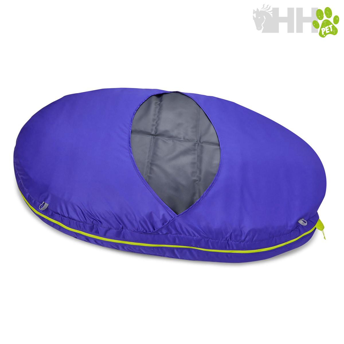 Cama para animal azul e cinzenta com fecho amarelo neon