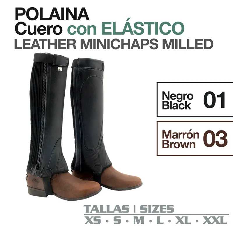 Polainas de couro preto e marrom com elástico para equitação, texto de tamanhos e cores.