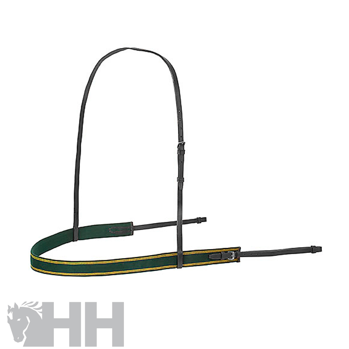 Cabeçada para cavalo em couro preto e verde com riscas amarelas