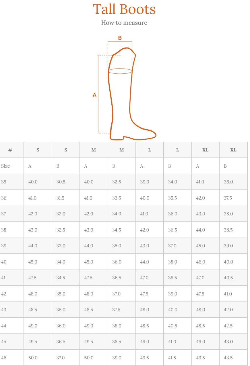 Tabela de tamanhos e gráfico para medir botas altas