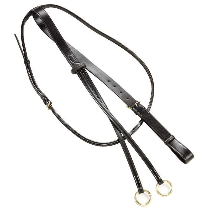 peça de equipamento equestre em couro preto com fivelas douradas