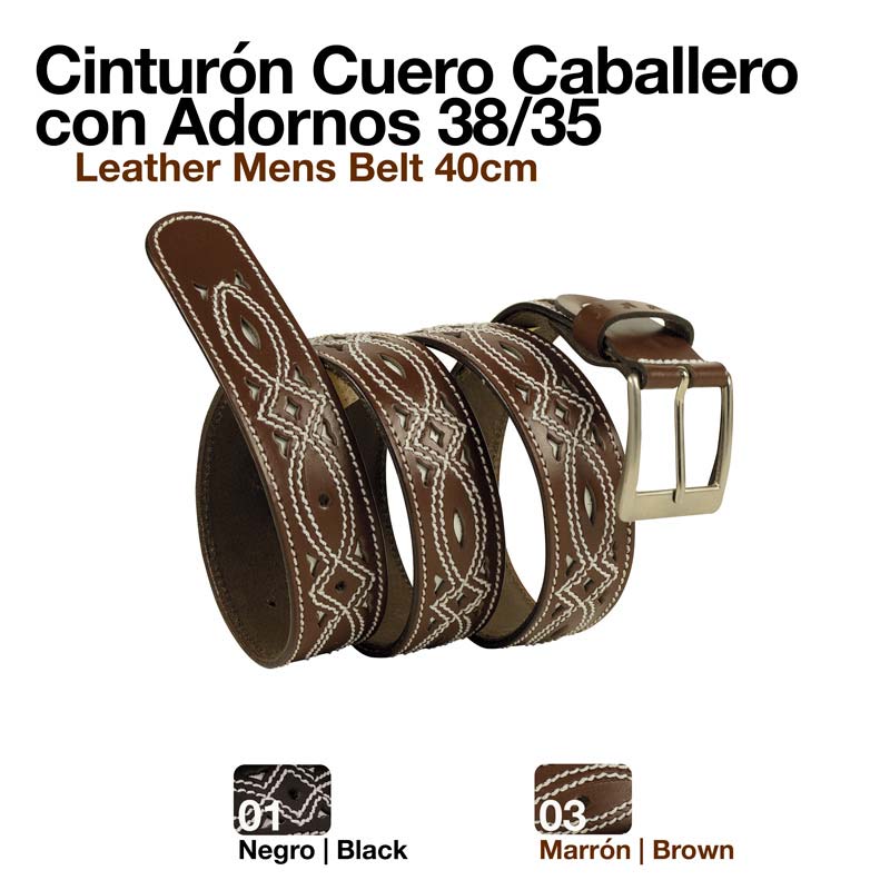 Cinto de couro masculino com padrão e fivela metálica