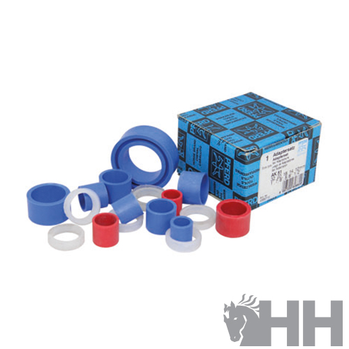 Conjunto de peças isolantes coloridas junto a caixa azul com impressão