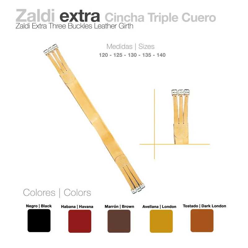 Cincha de couro com três fivelas metálicas em várias cores e tamanhos