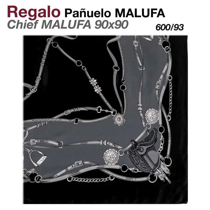 Lenço MALUFA quadrado preto com padrão de correntes e acessórios metálicos