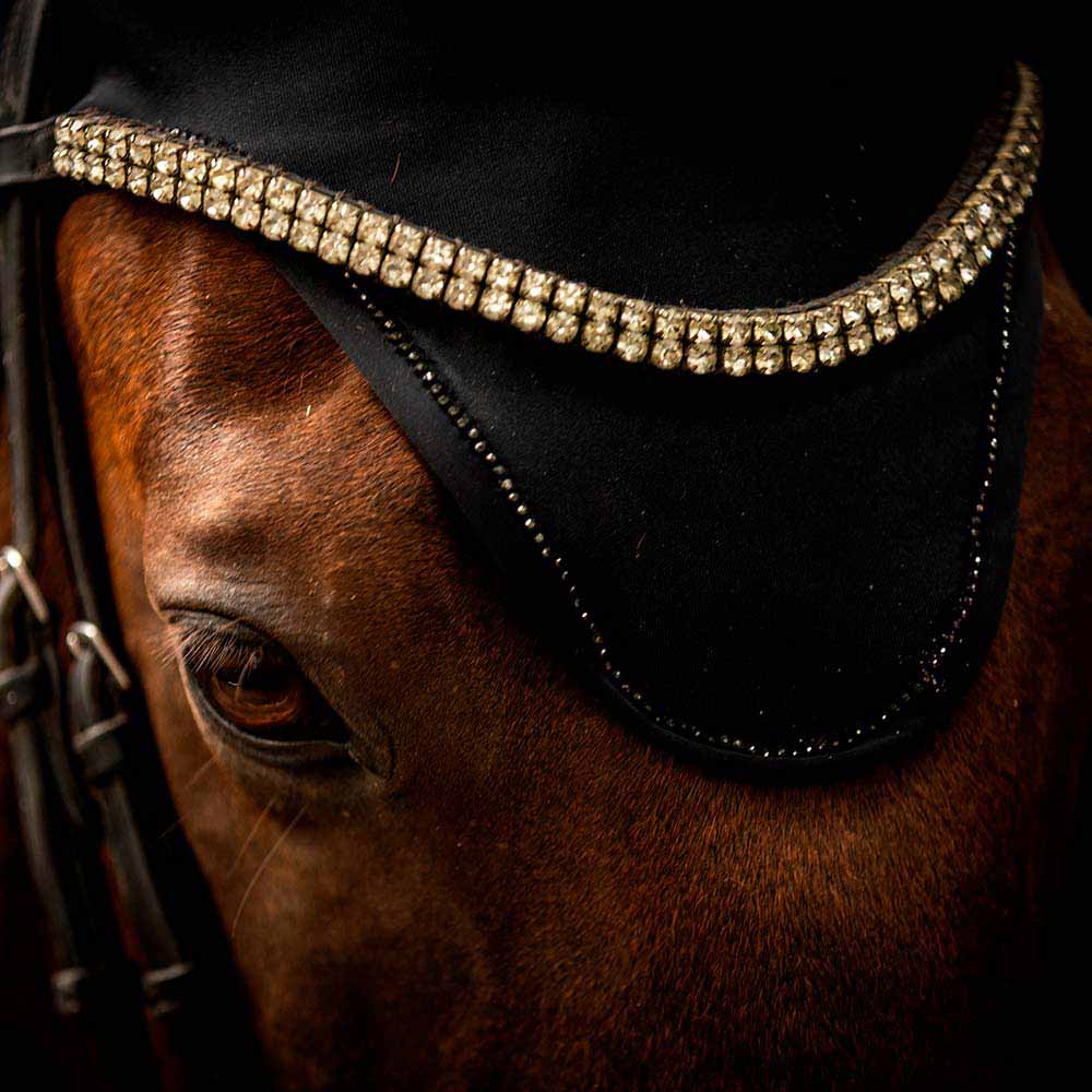 Close-up do rosto de um cavalo castanho com proteção preta e fita dourada brilhante na testa