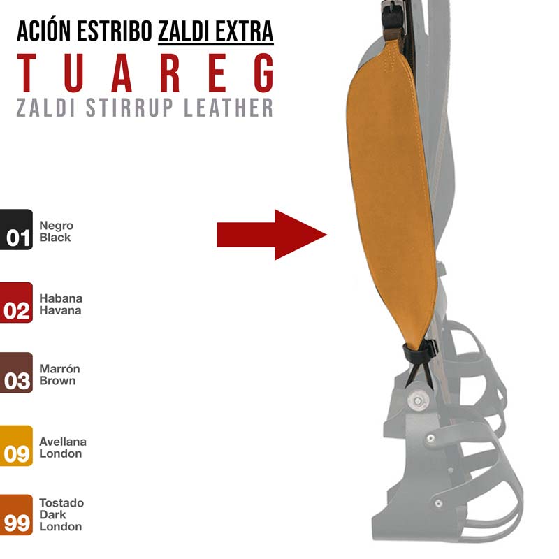 Estribo de equitação em pele castanha clara com fivelas pretas e explicação de cores disponíveis