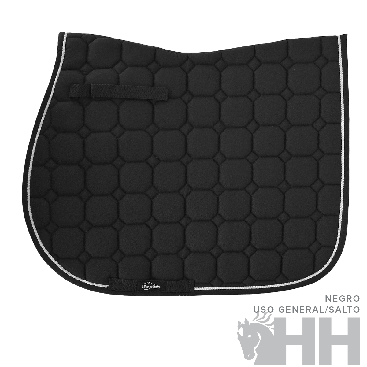 Manta de sela preta com padrão hexagonal e faixa branca