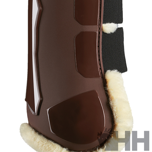 Proteção para cavalo castanha com acolchoado branco e detalhes negros