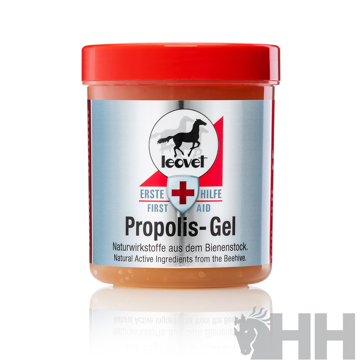 Frasco de gel propólis Leovet com tampa vermelha e rótulo prateado