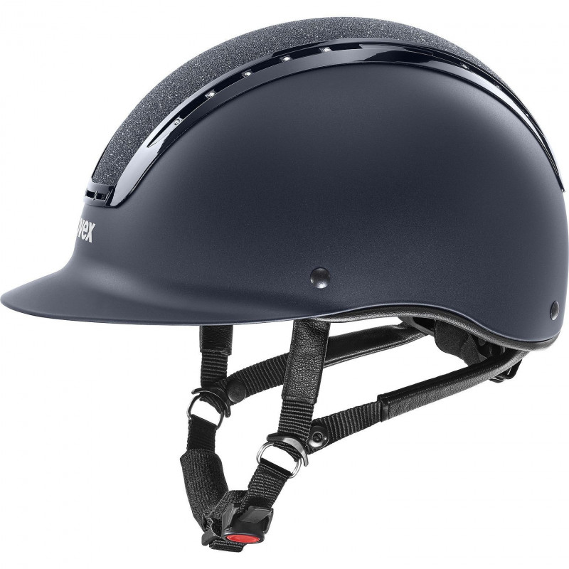 Capacete de equitação azul escuro com faixa de ventilação e visor curto
