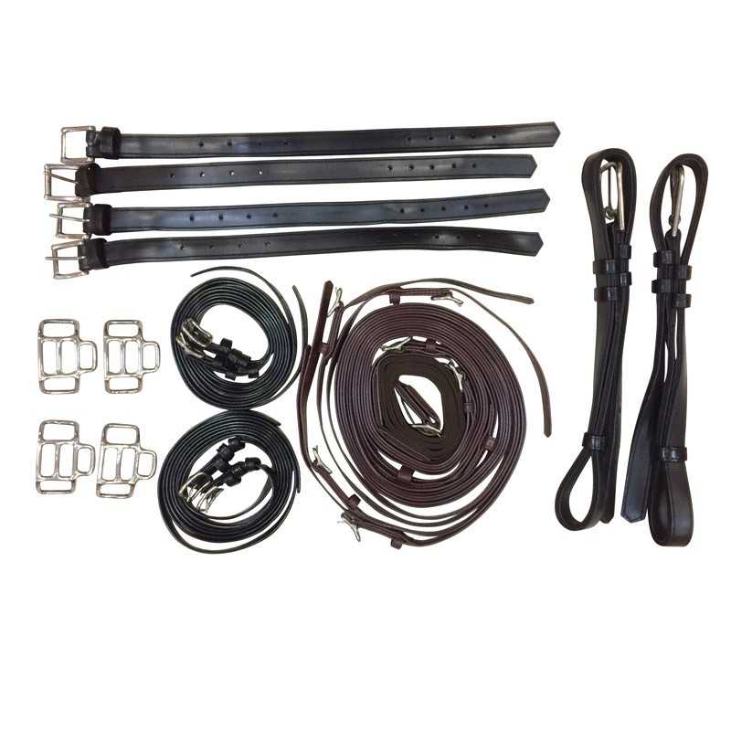 Conjunto de acessórios para equitação em couro e metal sobre fundo branco