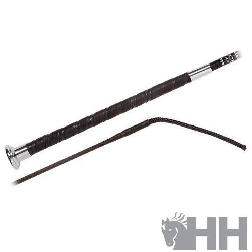 Chicote preto com cabo de couro e detalhes metálicos