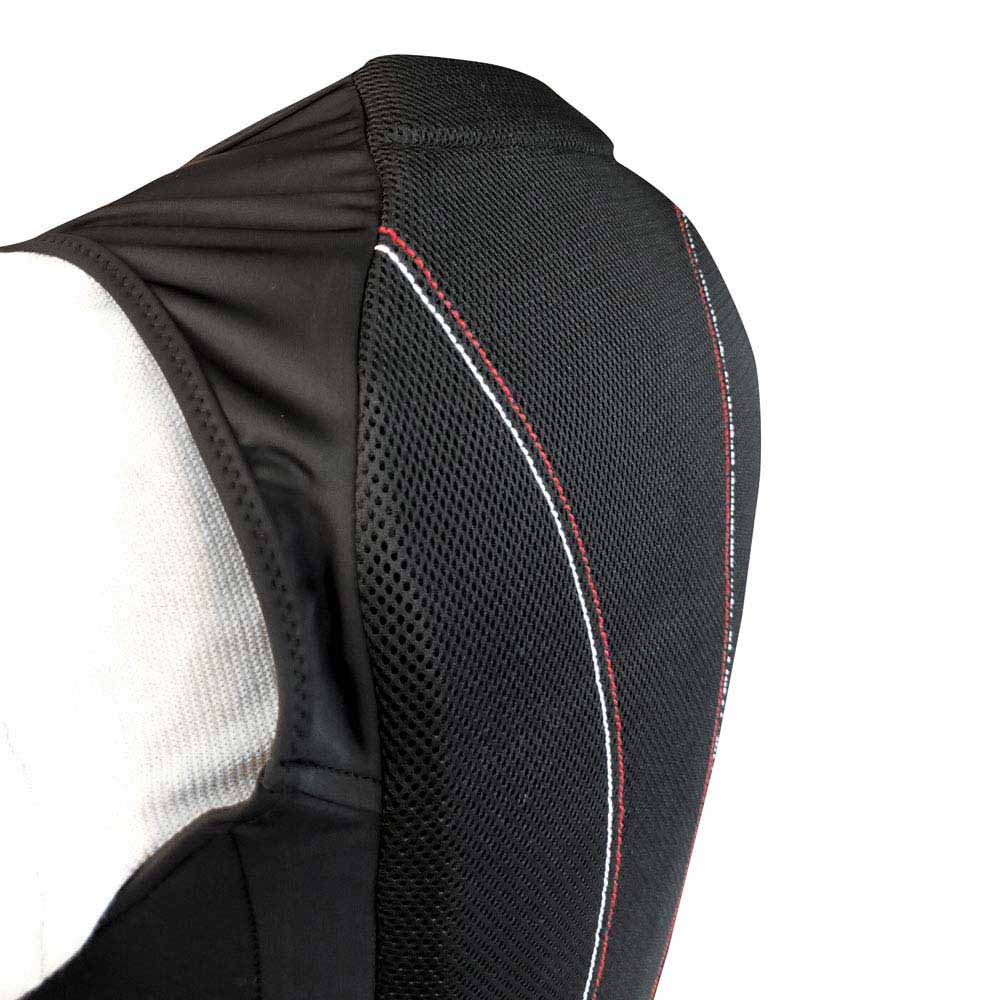 Peça de vestuário preta com tecido de malha e costuras vermelha e branca