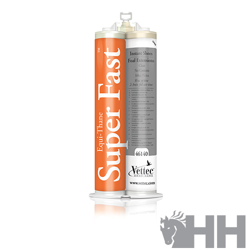 Adesivo em tubo duplo Equi-Thane Super Fast da Vettec com rótulo laranja e branco