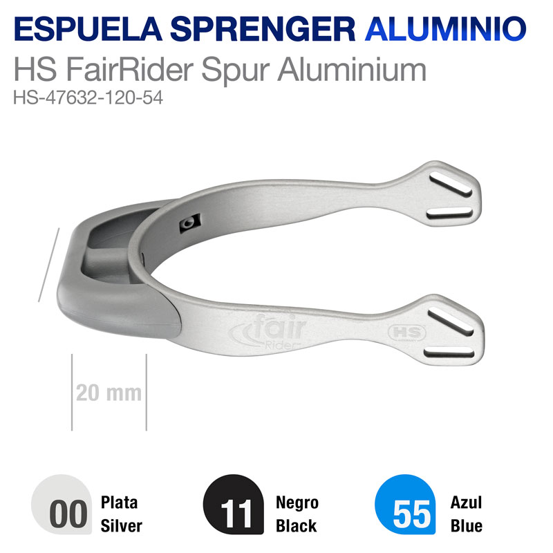 Espora de alumínio cinzenta HS FairRider com texto e códigos de modelo.