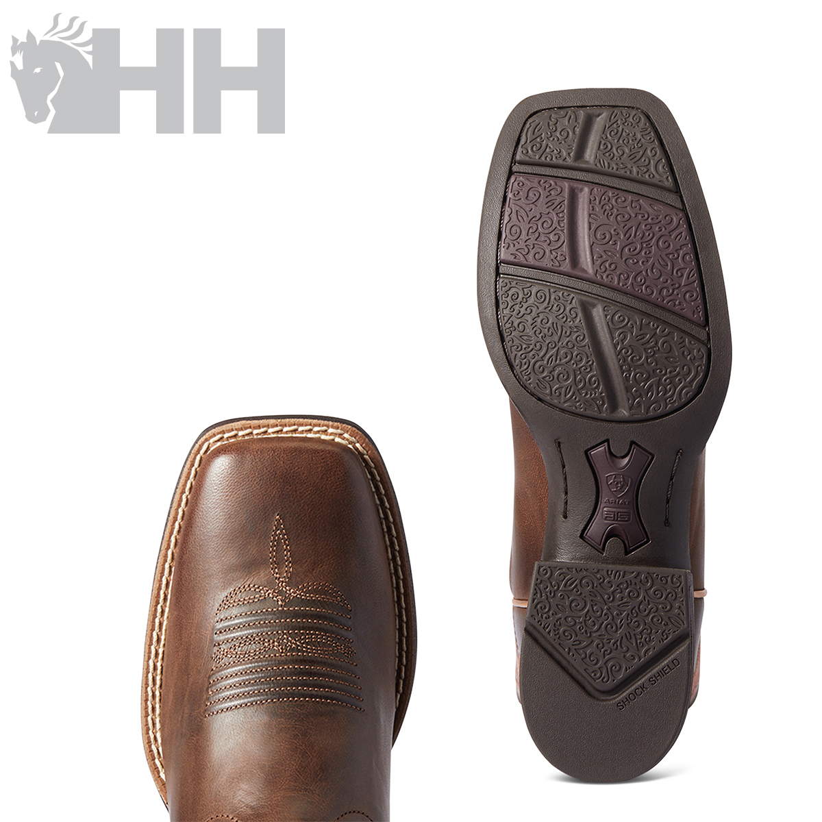 Botas de pele castanha com sola preta e logo HH cinzento