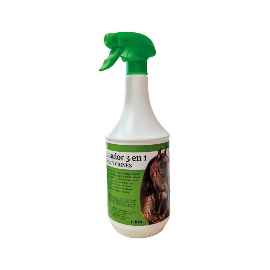 Spray branco com gatilho verde e rótulo com imagem de cavalo
