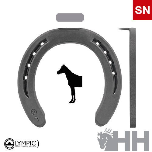 Ferradura preta para cavalo com símbolo e texto, vista em várias posições