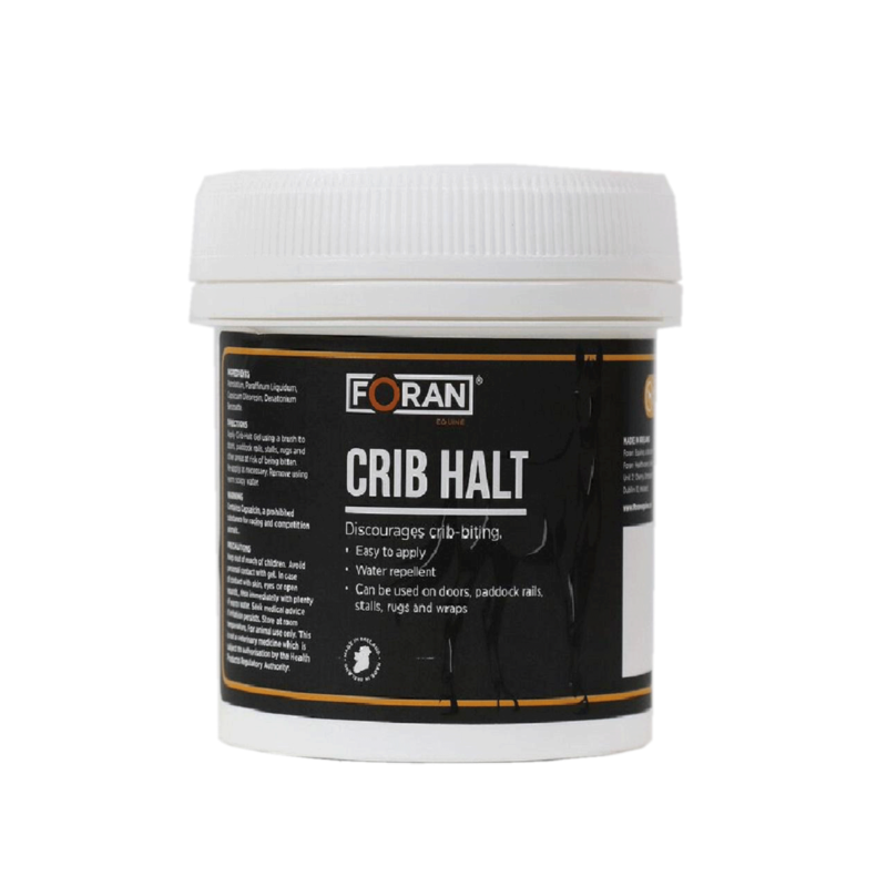 Frasco branco com tampa e rótulo preto do produto FORAN CRIB HALT