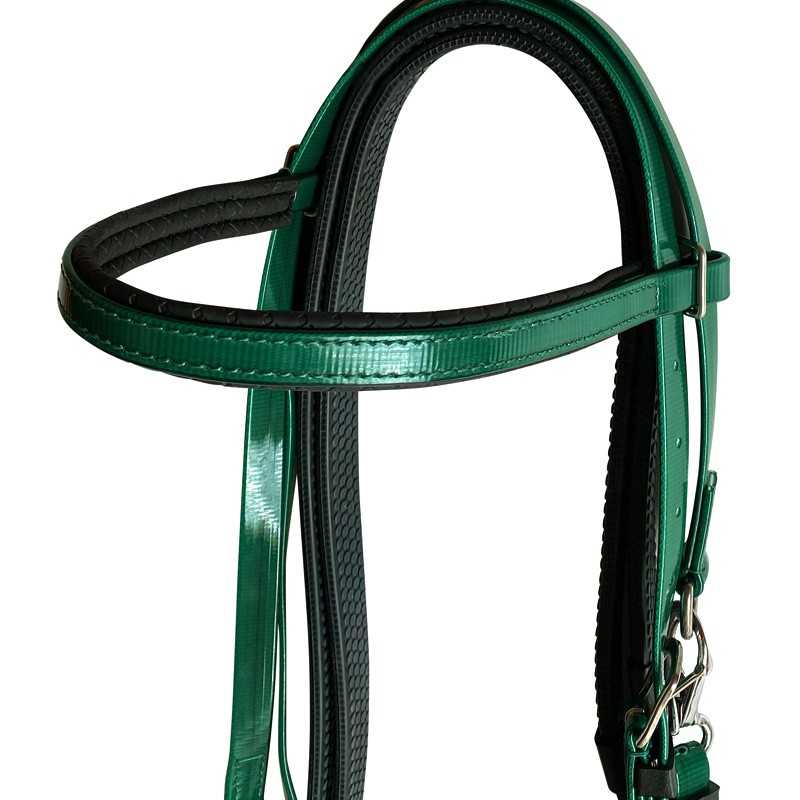 Cabeçada verde em couro com acolchoamento preto e ferragens metálicas