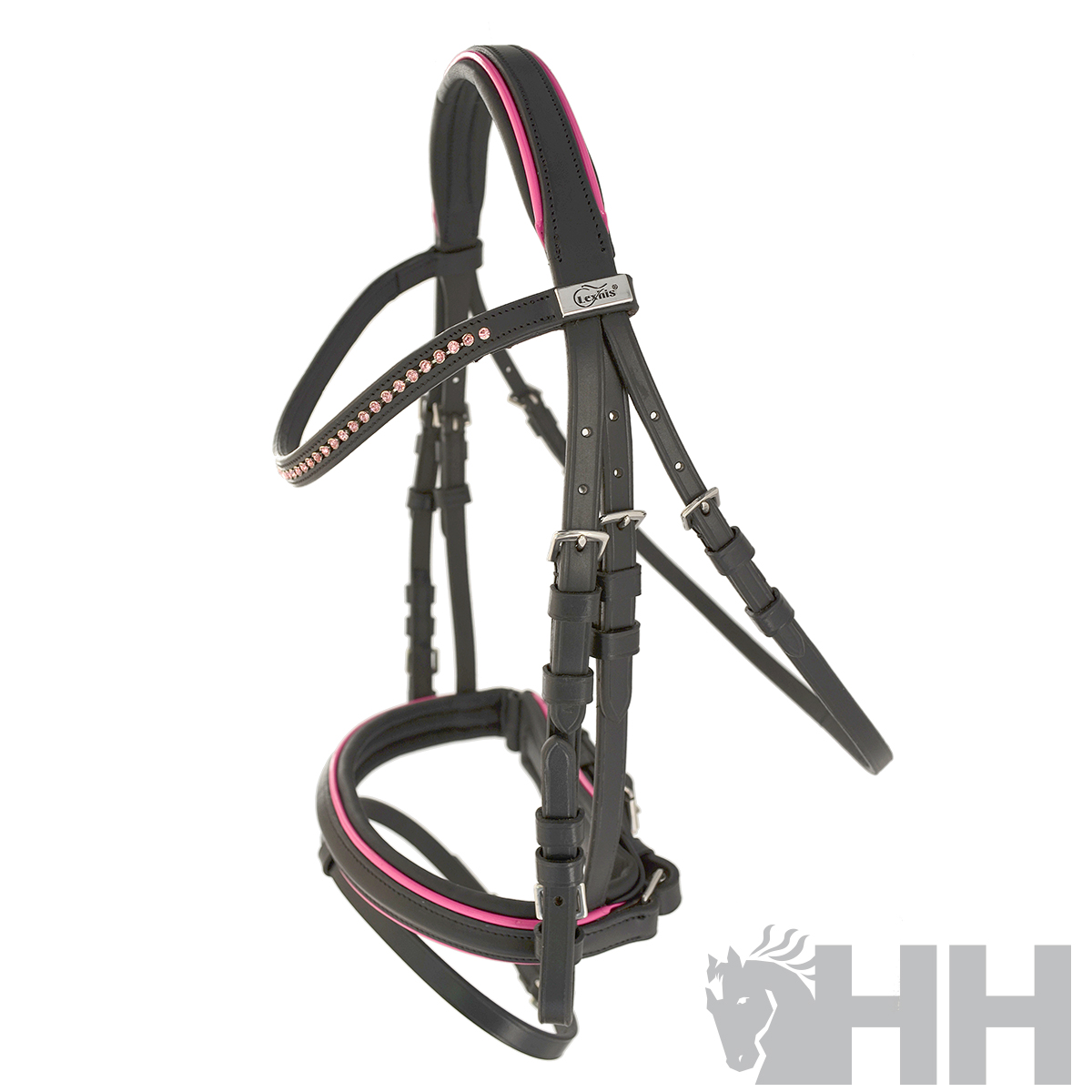 Cabresto de cavalo preto com detalhes rosa e pedras brilhantes