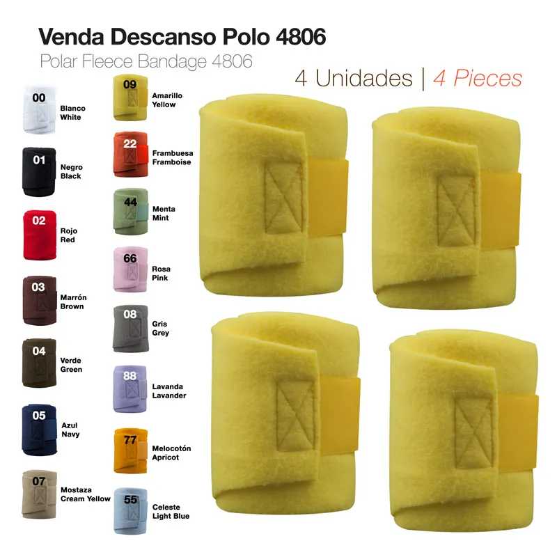 Conjunto de 4 vendas de fibra polar amarelas com velcro, ao lado uma tabela de cores disponíveis para este produto.