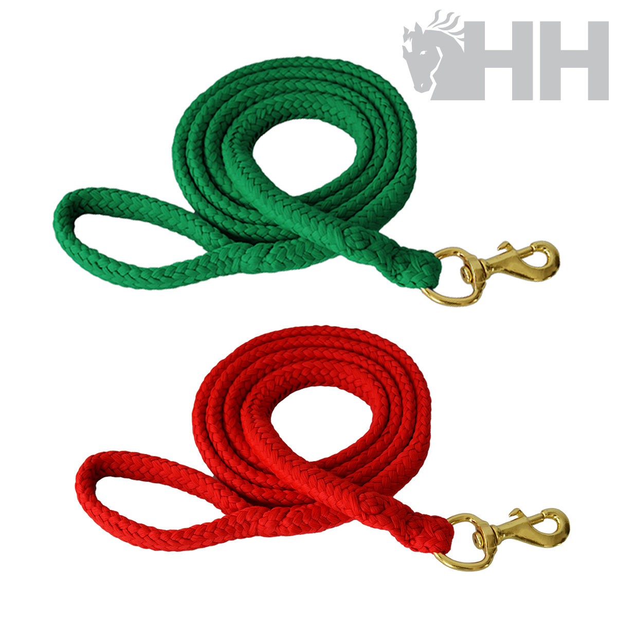 Duas trelas para animais em corda trançada verde e vermelha com ganchos dourados