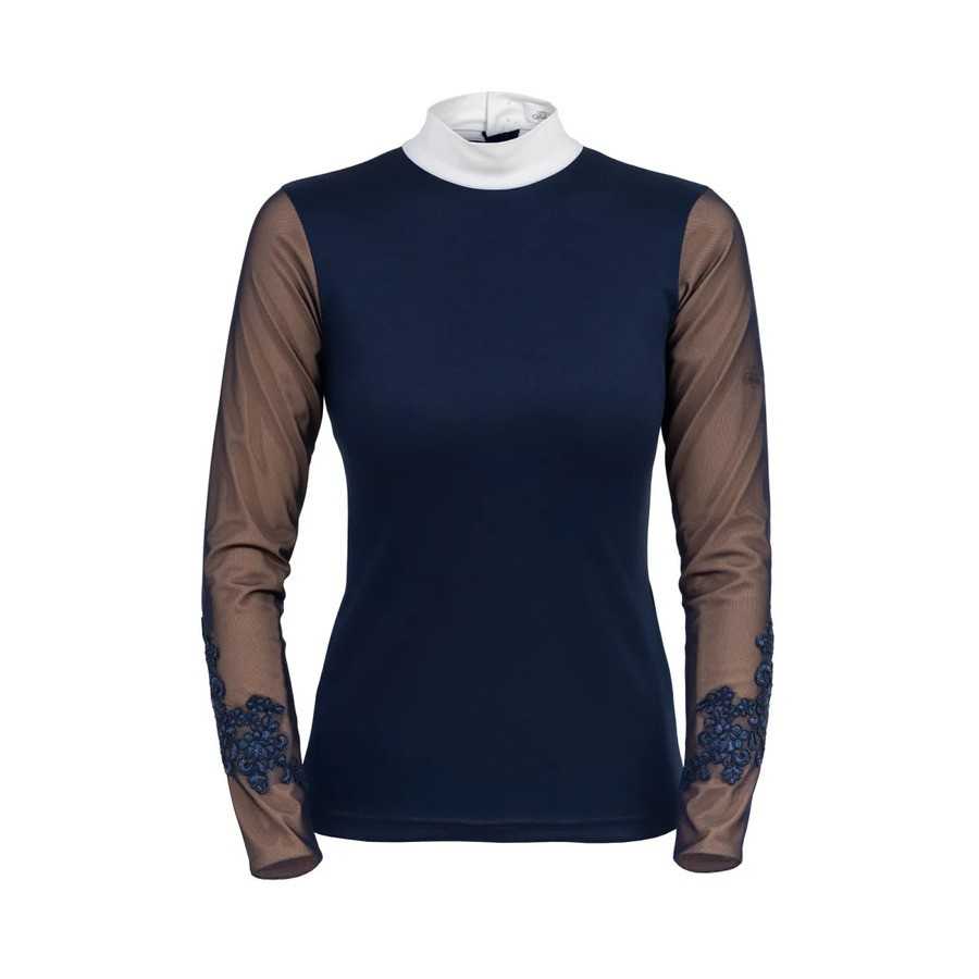 Camisola feminina azul escuro com gola alta branca e mangas transparentes castanhas bordadas.
