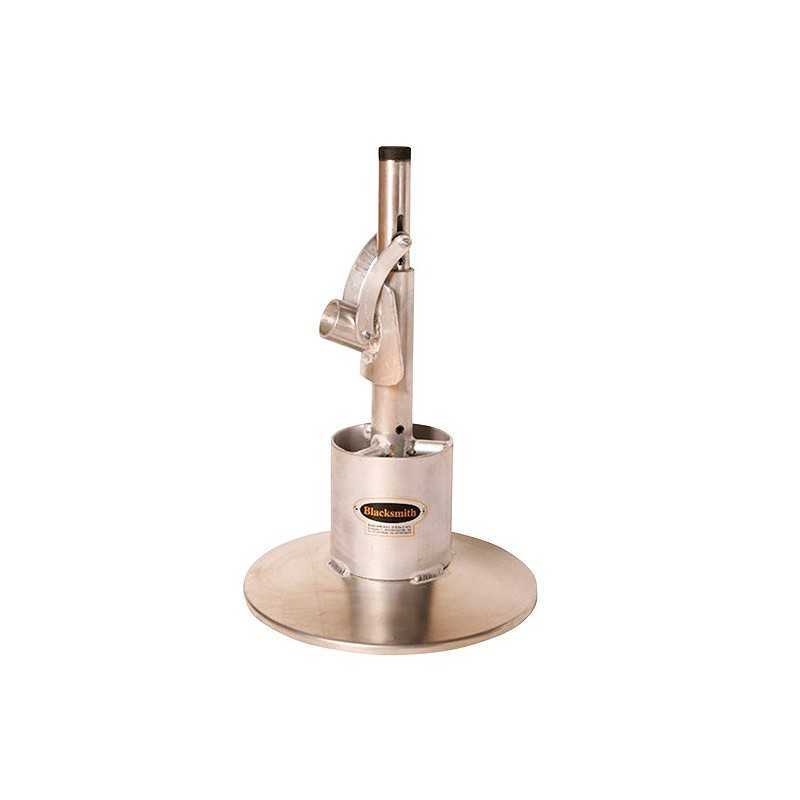 Suporte metálico cilíndrico em aço inox com alavanca e base redonda.