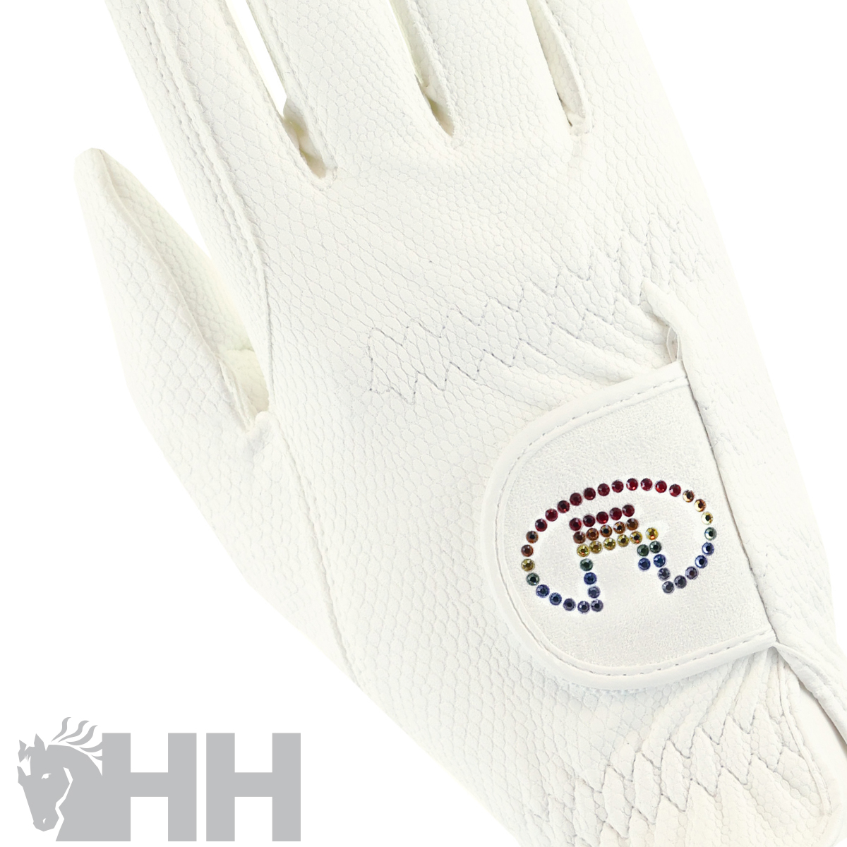 Luva branca de golfe texturizada com logótipo decorado no punho.