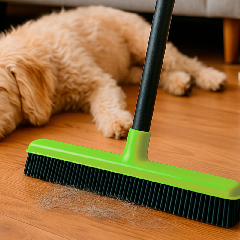 Vassoura verde com cerdas pretas a recolher pêlo de cão sobre chão de madeira