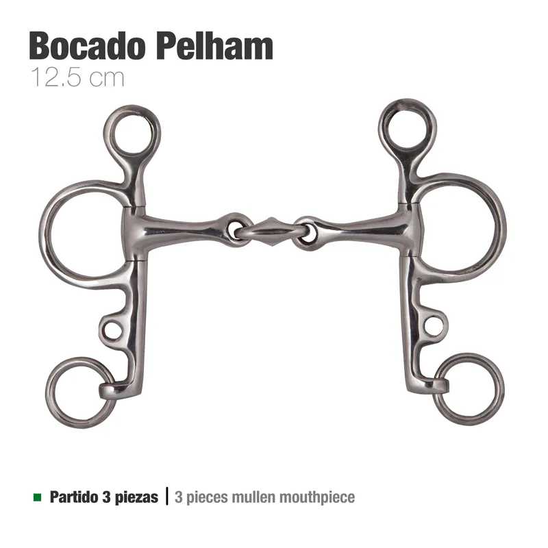 Foto do bocado Pelham de metal prateado com três argolas e boca dupla articulada